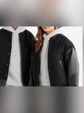 Wool & Leather Varsity Bomber Jacket Black